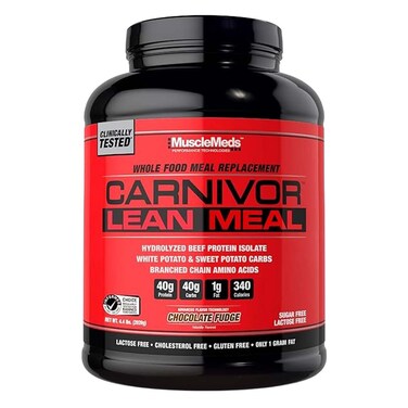 MuscleMeds CARNIVOR LEAN MEAL whole food meal replacement shake, MRE, beef protein isolate, white potato, sweet potato, 40g protein, 40 g carbs, lactose free, sugar free, Chocolate Fudge 20 servings