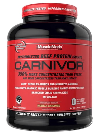 بروتين لحم بقري معزول متحلل من MuscleMeds Carnivor، بنكهة الفانيليا والكراميل، 4.19 رطل (1.8 كجم)