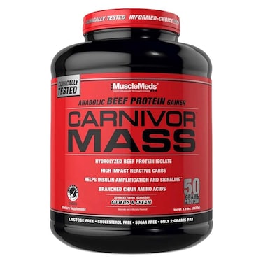 MuscleMeds Carnivor Mass Gainer Beef Protein Isolate Shake, 50 Grams Protein, 125 Grams Carbs, 0 Fat, 0 Sugar, Lactose Free, Cookies &amp; Cream (Packaging May Vary)