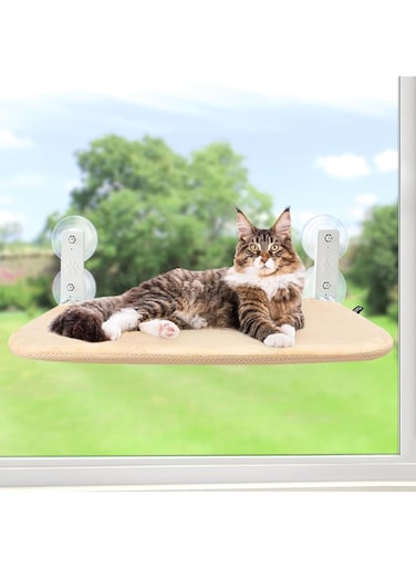 BIGTHREE Foldable Cat Window Hammock, Cat Window Perch, with Steel Frame and Strong Suction Cup Mount, Soft Plush Pad for Cats Sunbathing Napping Overlooking, Easy to Put Together