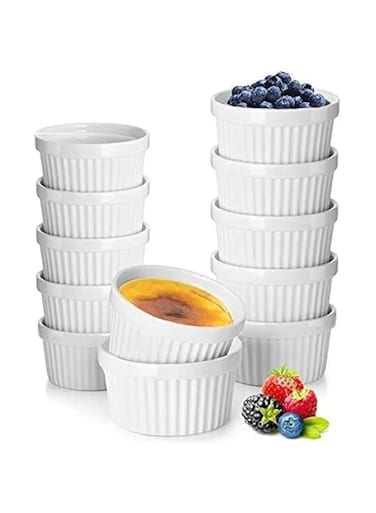 DeeCoo 12 Pack Porcelain Souffle Dish Ramekins for Baking &ndash; 6 Ounce x 6, 8 Ounnce x 6 - White Ramekins Bakeware Set Baking Cups for Creme Brulee Desserts Puddings Custard Ice Cream Lava Cake Snacks