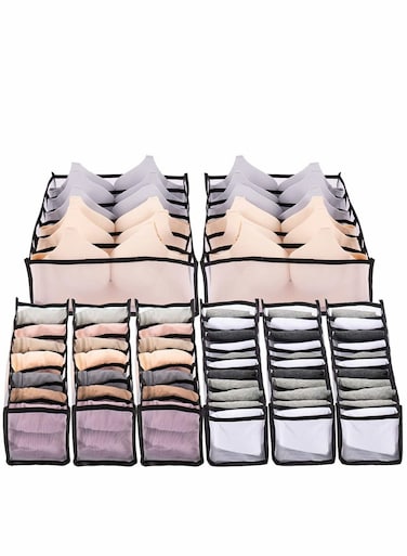 Underwear Drawer Organizer, Foldable Storage Divider Boxes Includes Cell Collapsible Closet Compartments for Socks Bras Ties Lingerie 8Pcs, Black