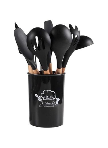 Silicone Kitchen Utensil Set, 12 Pieces, Heat Resistant Wooden Spoons, Spatulas, Non-Stick Cookware (Blue)