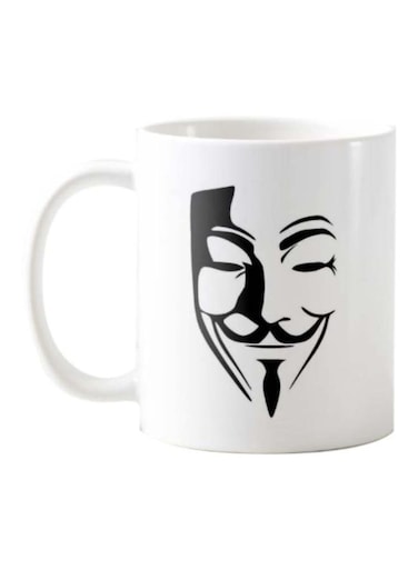 Piece Anonymous Mask Printed Ceramic Mug White/Black