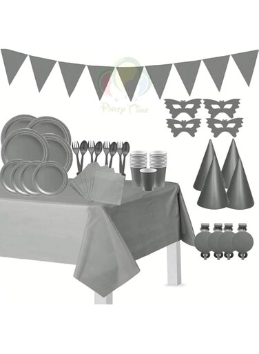 PARTY TIME 56PCS. Gray Tableware's and Decorations Set - Serves 6