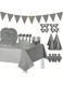PARTY TIME 56PCS. Gray Tableware's and Decorations Set - Serves 6