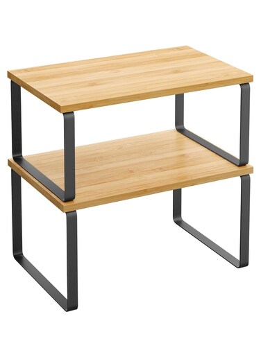 2 piece set of retractable kitchen shelving counter shelves, stackable, expandable, metal and engineered wood, black and natural