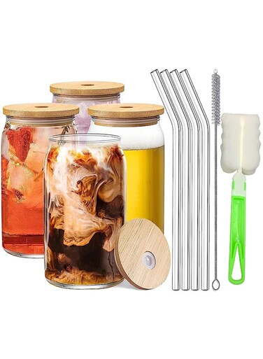 Glass Cups with Bamboo Lids and Straw Boba Drinking Glasses Reusable Travel Tumbler Bottle for Smoothie Iced Coffee Bubble Tea 400ML