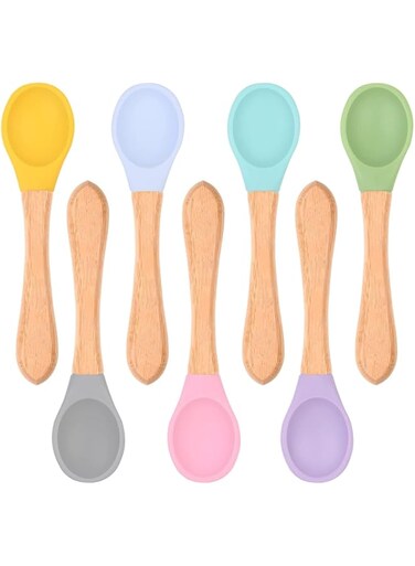 Baby Spoon, 7 Pcs Baby Feeding Spoons with Soft Curved Silicone Tips, Bamboo Natural Safe Weaning Feeding Spoons, BPA-Free, Safe Utensils for Toddlers Kids Infants, for Toddler Self Feeding Training
