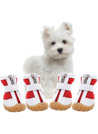 NNCV 4 Pieces Mesh Dog Shoes Waterproof Pet Boots Breathable Dog Shoes for Small Doggy Adjustable Non-Slip Zipper Pet Shoes Pet Paw Protector for Hot Pavement(XS, Red)