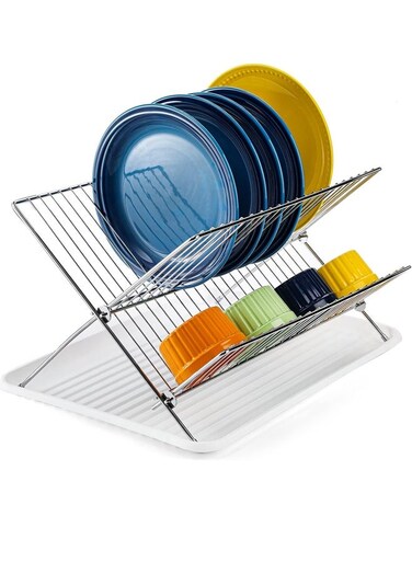 Houseware Collapsible Dish Drying Rack with Drip Tray&iuml;&frac14;&OElig;2 Tier Dish Drainer Rack