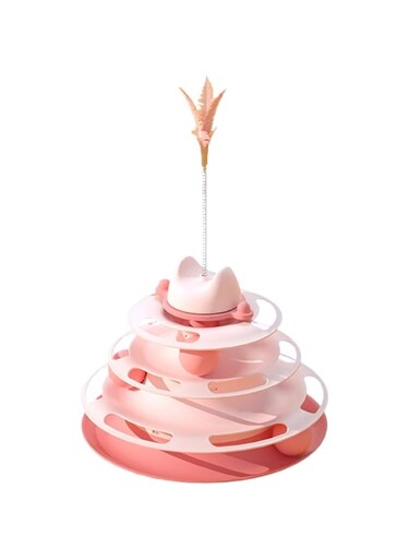 Rayyan Cat multi-layer spinning ball toy, cat four layer track toy, elastic star spinning ball toy, cat toy with feathers, teasing cat, stick,gnawing and biting resistant(Pink with feathers)
