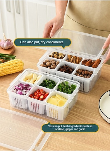 2 Pcs Clear Plastic Multi-Grid Food Storage Box for Organized Kitchen Storage and Easy Food Drainage