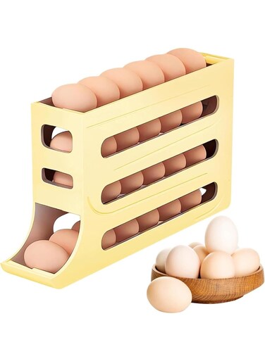 Egg Holder for Fridge, Automatic Scrolling Egg Rack Dispenser, Space-Saving Large Capacity Egg Organizer for Kitchen Storage (Beige)