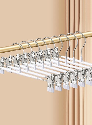 Pack 12 Inch Heavy Duty Pants Hangers with Clips, Metal, White, Non Slip, Space Saving, Adult, Men, Children, Kid, Baby White/Silver