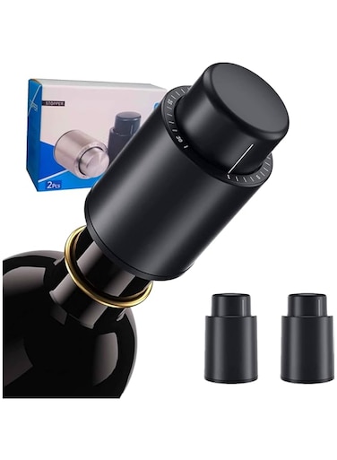 SHOWAY feiXIANG Wine Stoppers, Kollea Reusable Wine Bottle Stopper - Vacuum Wine Preserver with Time Scale, Wine Saver Vacuum Pump Keep Wine Fresh Corks, Best Gifts for Wine Lovers(2 PACK) Black
