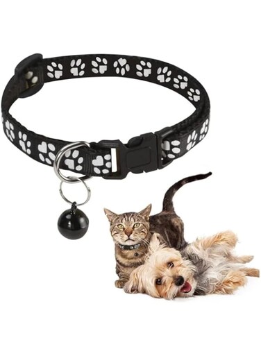 AMERTEER Cat Collar Bell   Adjustable Breakaway Kitten Collar with Safety Buckle   Soft &amp; Comfortable Cat Collar for Small Cats &amp; Dogs   Cute Paw Print Design for Indoor &amp; Outdoor Use (Black)