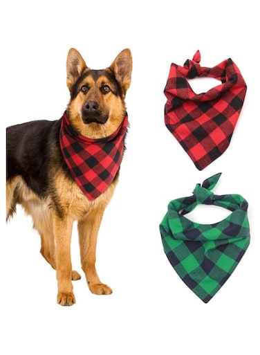 AWASBO Dog Bandanas 2 Pack, Classic Triangle Plaid Dog Scarf Bow Tiess, Stylish Plaid Scarf for Small Medium Dogs Cats Pets(Green Red)