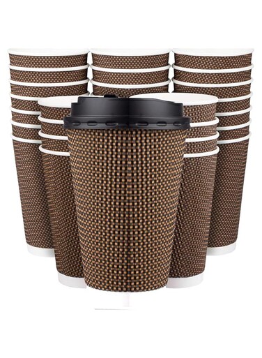 KASTWAVE Disposable Coffee Cups With Lids, Pack of 25 16 oz Premium Insulated Paper Ripple Cups, To Go Coffee Cups for Hot Drink, Office, Coffee Bar, Home, Travel, Tea, Brown