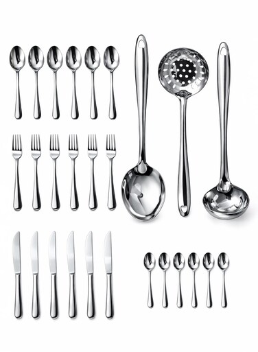 27 Piece Stainless Steel Tableware Set &acirc;&euro;&ldquo; Premium Kitchen Utensil &amp; Cutlery Set with Soup Ladle, Slotted Spoon, Serving Spoon, Forks, Knives, Spoons &amp; Teaspoons &acirc;&euro;&ldquo; Durable Mirror Polish Kitchen Tools Set