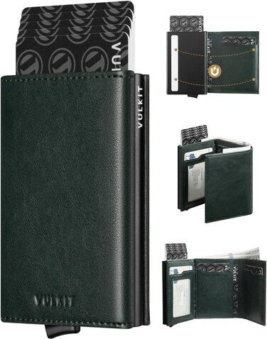 VULKIT Credit Card Holder with Banknote Compartment RFID Blocking Pop up Leather Card Wallet with ID Window(Green)