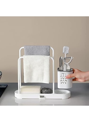 Khazna Kitchen Sink Caddy Organizer, Sponge and Dishcloth Holder with Basket,Sink Soap Brush Holder with Removable Drain Pan(white)