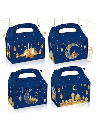 Threetols 12 Pack Eid Mubarak Treat Boxes, Blue Ramadan Gift Boxes Mosque Star Moon Lantern Foldable Eid Party Favor Boxes Muslim Gift Wrap Boxes for Eid Party Decorations Supplie