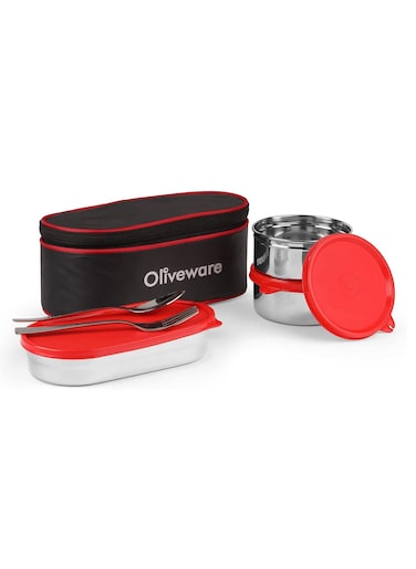 Sophia Lunch Box   3 Containers with Steel Spoon &amp; Fork  School &amp; Office Use   Insulated Fabric Bag   Leak Proof (Red)