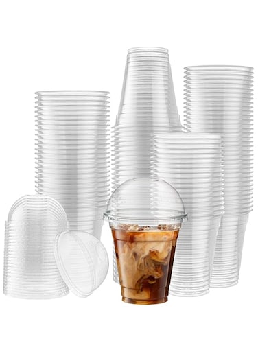 200 - SET - Plastic Clear Cup With Dome Lid - 12oz (355ml) Take a way - Disposable - Party Cups (COLD DRINKS-ICED COFFEE-BUBBLE TEA-SMOOTHIE)