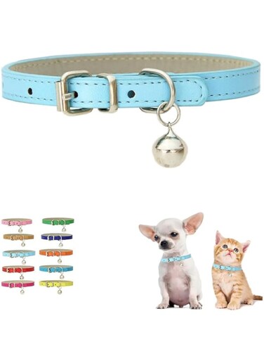 WeimoMonkey Light Blue Dog Collar XXS, Puppy Collar Boys,Kitten Bell Collar with Bell Faux Leather Pu Adjustable for XXS Xs Small Pet Dogs Cats Animal Litter Tiny Girl Male Female,XXSmall