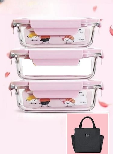 3 Piece Microwave Heating High Borosilicate Glass Lunch Box Bowls 1000ml, 960ml, 700ml with Insulation Bag 21 x 16 7.2 Pink pink