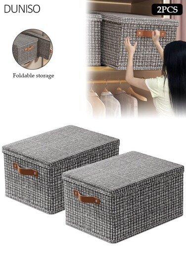 2 Pack Black Foldable Storage Boxes with Lids, Versatile Non-Woven Fabric Storage Cubes with 2 Brown Handles, 36x25x20cm for Clothes &amp; Toy Organizatio