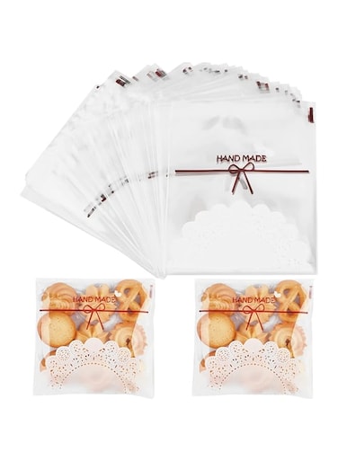 NCN 200 PCS Self Adhesive Plastic Cookie Bags Lace Bowknot Candy Bags Clear Treat Bags Plastic Individual Candy Bags for Treat Gifts Wrapping Good for Party Favors