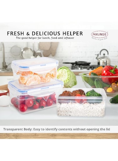 FEELINGS Plastic Clip Lock Food Containers, 3-Piece Set, Airtight Lids, BPA-Free, Microwave, Freezer and Dishwasher Safe, Stackable