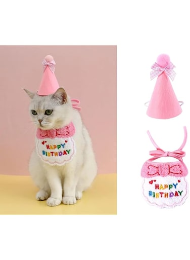 KASTWAVE 2 Pack Birthday Hat Scarf Set for Pet Puppy Cats, Princess Cat Costumes for Cats, Cute Lace Bandanas for Cats, Pet Birthday Party Decorations Set (Pink)