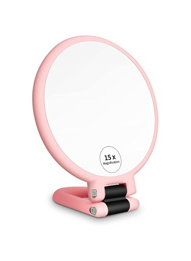 Arabest 15x Magnifying Handheld Mirror, Double Side Folding Magnification Hand Mirror for Women with Adjustable Handle, Compact Size and Portable Vanity Cosmetic Mirror for Girl (Pink)