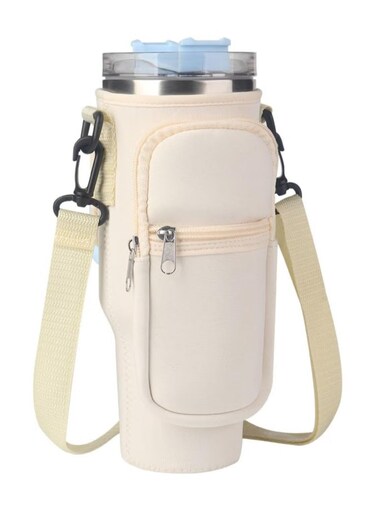 Water Bottle Carrier Bag for Stanley 40oz Tumbler, Water Bottle Holder with Pouch and Adjustable Strap, Sleeve Accessories with Pocket for 40oz Cup (White)