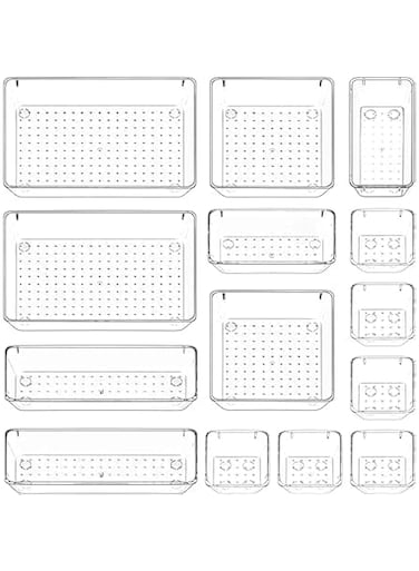 Piccasio Multi-Purpose Drawer Organizer Set, Different sizes Clear Vanity Tray Organizers and storage Boxes, Clear Plastic Storage Bins for Makeup, Office, Kitchen and Bedroom (14 Pcs)