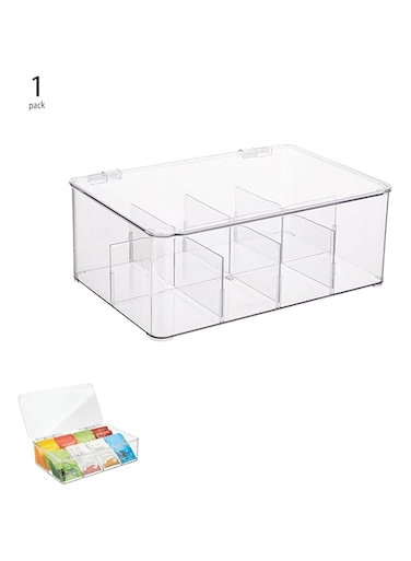 ZFanyun 2 Pack Tea Coffee Bag Storage Box with Lid and 4 Removable Dividers,Clear Plastic Food Bag Snack Organizer,Stackable Kitchen/Refrigerator Dessert,Flavor Organizer (2)