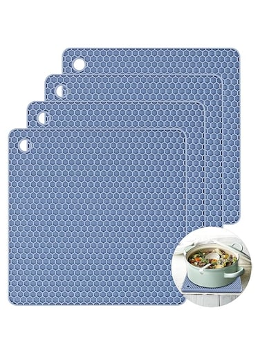 ELECDON Silicone Trivet Mat, Silicone Trivets for Hot Pots and Pans, Non-Slip &amp; Heat Resistant Silicone Hot Pad Kitchen Counter Mat Set, Blue, Soft Drying Mat, Jar Opener and Coasters, Square 4 Pack