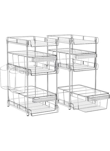 MostNow Clear Bathroom Organizers 2 Sets 3 Tier,Stackable Under Kitchen Sink Organizers and Storage with 12 Dividers,Acrylic Pantry Organizers Shelf,Multi Purpose Pull Out Home Organizer with 2 Cups