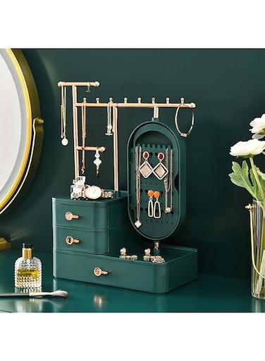 HYTTER Jewelry Display Stand Trinket Storage Box with 3-Tier Drawers and Rotating Makeup Mirror, Large Capacity Organized Case for Necklace, Earrings, Chain Bracelet, Finger Rings (Green)