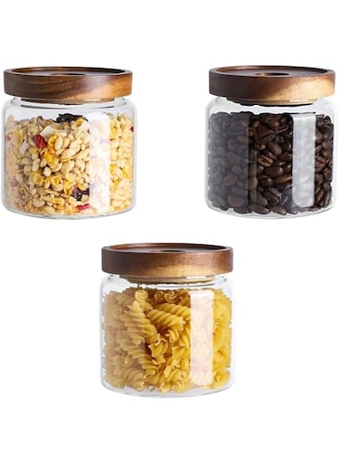 Jorunb Glass Storage Jars Set of 3 Airtight Food Storage Containers with Bamboo lids, Clear Glass Canisters for Pantry, kitchen, Flour, Sugar, Tea, Coffee, Snack, Spice and Herbs 3pc_500ml