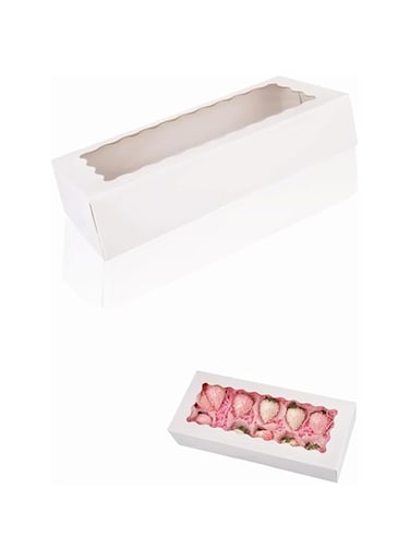 10-Pack Cookie Boxes with Window - White Bakery Boxes 12"x5.5"x2.5" - Auto-Popup Treat Boxes for Elegant Pastries and Strawberries