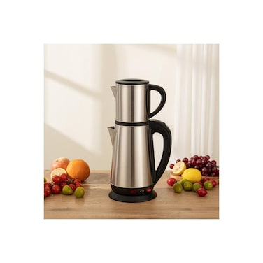 Stainless Steel Turkish Tea Kettle Set, 1L teapot + 2.3L electric base, ideal for rich, warm brews.