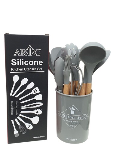 12 Pieces Heat Resistant Non-Stick Silicone Cooking Utensil Set Light Grey