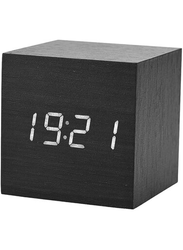Jectse Wooden Digital Alarm Clock, Digital Alarm Desk Clock with Voice Control Electronic LED Time Display Temperature Detect for Bedroom, Bedside Voice Control 6x6x6cm (Black wood +
