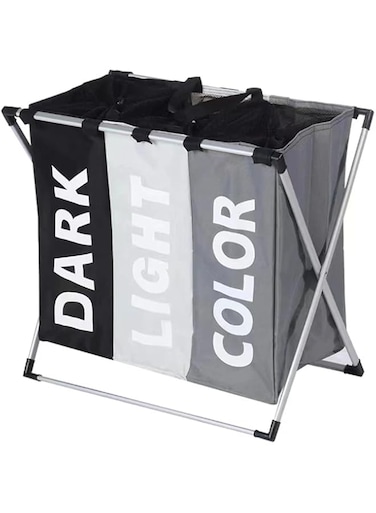 Generic KVIVI Folding Dirty Clothes Basket Oxford Cloth Fabric Laundry Basket with 3 Compartments for Clothing Storage Organizer, Toughness and Durable Laundry Hamper (Black, Grey &amp; Beige), LV-N6B