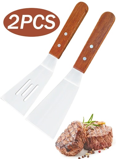 Pcs Metal Spatulas Set with Beveled Edges Stainless Steel Metal Spatula for Cast Iron Skillet Wok Flat Top Small Metal Spatula Turner with Wood Handle (Silver)