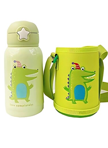 Stainless Steel Water Bottle with Straw Lid, Reusable Double-Walled Vacuum Insulated Metal Flask, Leak-Proof Sports Water Bottle with Shoulder Strap, for Hot &amp; Cold Drinks, 500ml (Green)